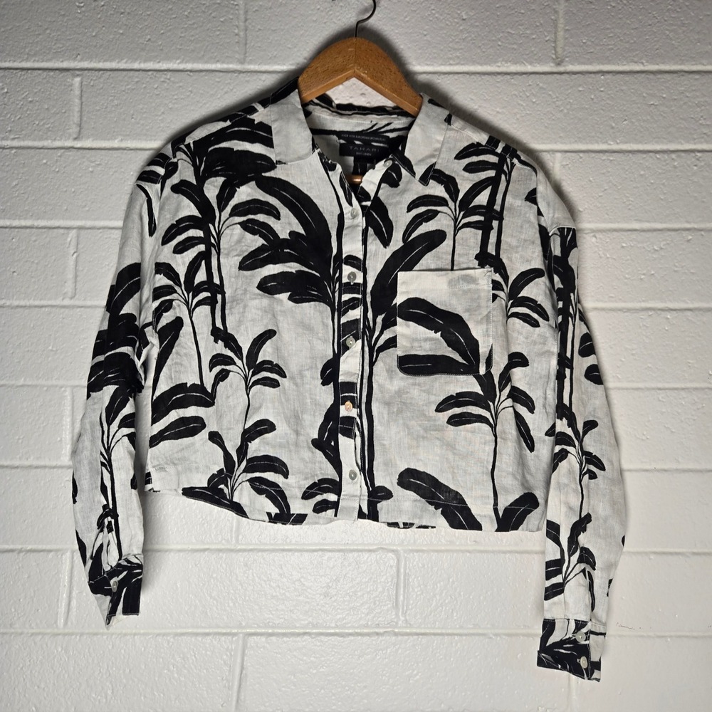 Tahari 100% Linen Button Shirt Large Contrast Palm Tropical Resortwear